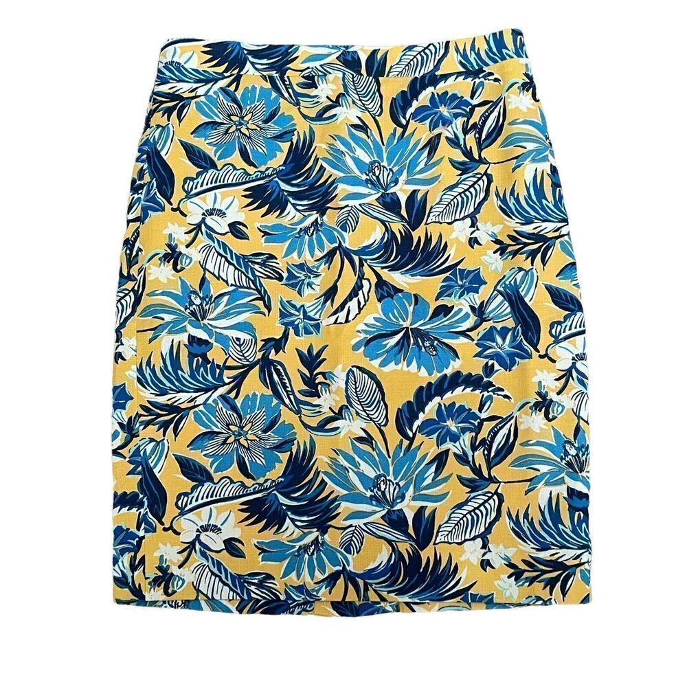 𝅺J. Crew Women’s Yellow Floral Printed Basketweave Pencil Skirt 2
